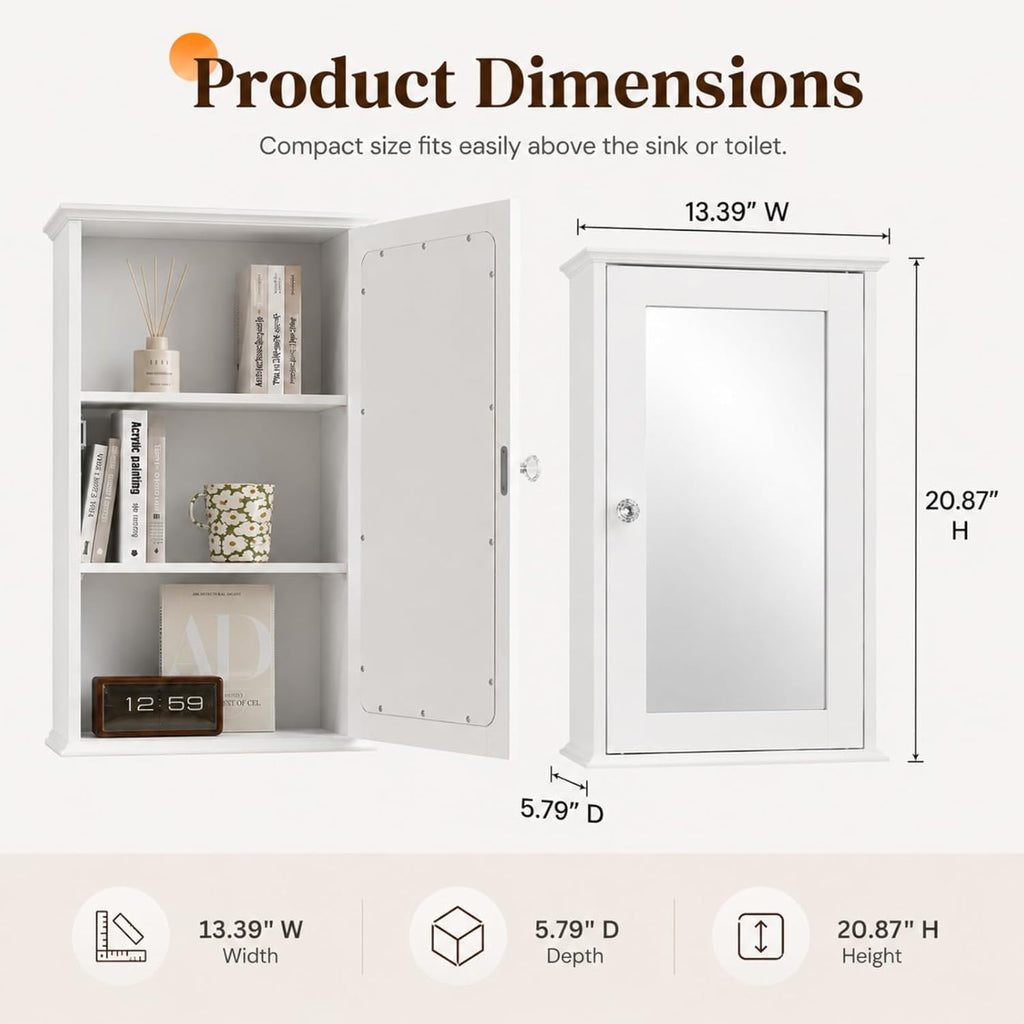 Bonnlo White Mirrored Medicine Cabinet, Wall Mounted Bathroom Storage Cabinet with Mirror Door, Adjustable Shelves & Magnetic Closure, Small Bathroom Organizer for Over Toilet or Sink