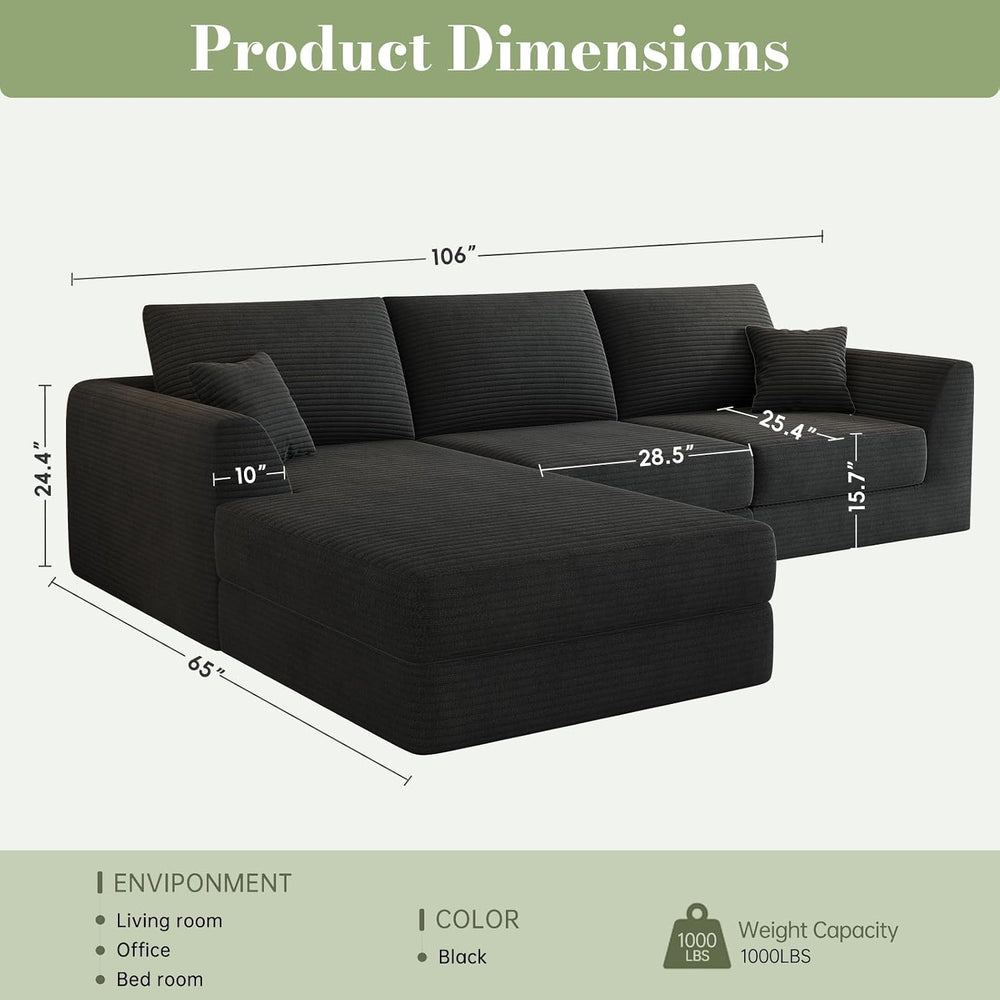 106" Modular Sectional Sofa with Deep Seat, L-Shaped Corduroy Couch with...