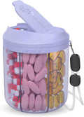 Pill Dispenser with 7 Large Compartments, 4.4" H x 3.6" Dia Pill Organizer for Travel, Supplement Organizer with Anti-Mixing Design, BPA-Free Pill Container with 20 Pcs Labels, Purple