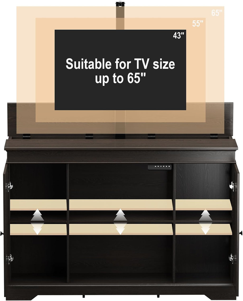GDLF Hidden Motorized TV Lift Cabinet for 55-65 Inch TVs, Walnut | Remote control operation raises or lowers the screen, while interior compartments organize media devices and accessories