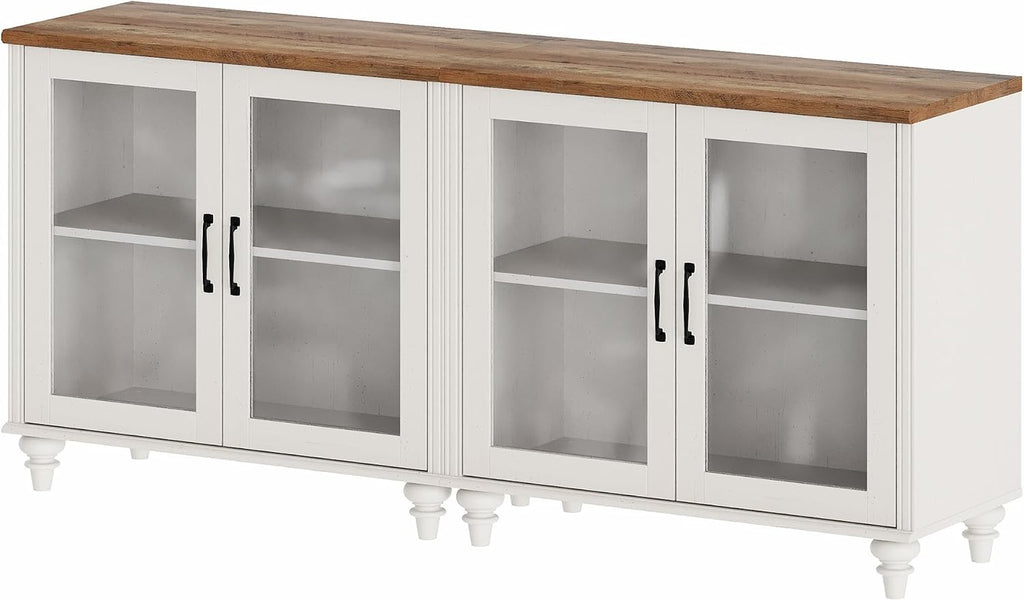 WAMPAT White TV Stand for 75 inch TV with 4 Glass Doors, Morden Wood Universal TV Cabniet with Ample Storage Cabinets, Farmhouse Entertainment Center TV Console Table for Living Room, Bedroom, 68"
