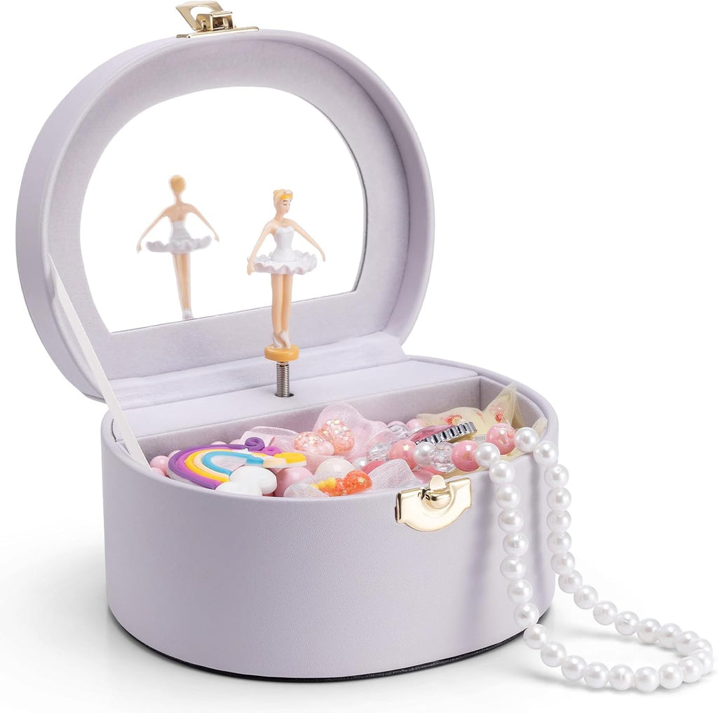VLANDO Musical Jewelry Box for Girls, Arc Design with Spinning Ballerina | Large Compartment for Small Treasures, Plays Canon Melody, Built-In Mirror and Soft Carry Handle, Birthday Christmas Gift