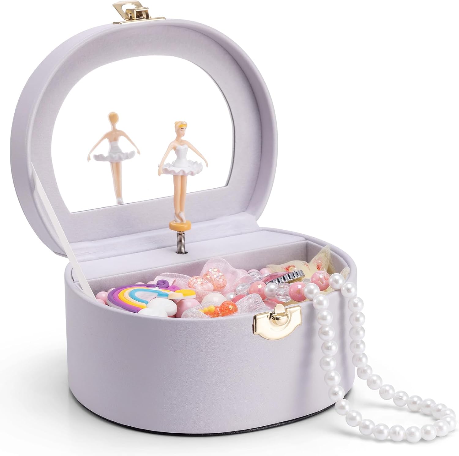 VLANDO Musical Jewelry Box for Girls, Arc Design with Spinning Ballerina | Large Compartment for Small Treasures, Plays Canon Melody, Built-In Mirror and Soft Carry Handle, Birthday Christmas Gift