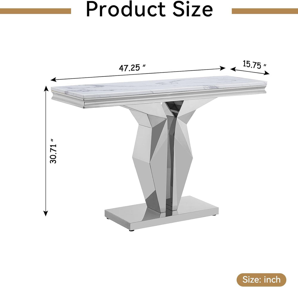SSLine Modern White Faux Marble Console Table Luxury Entryway Table with Silv...