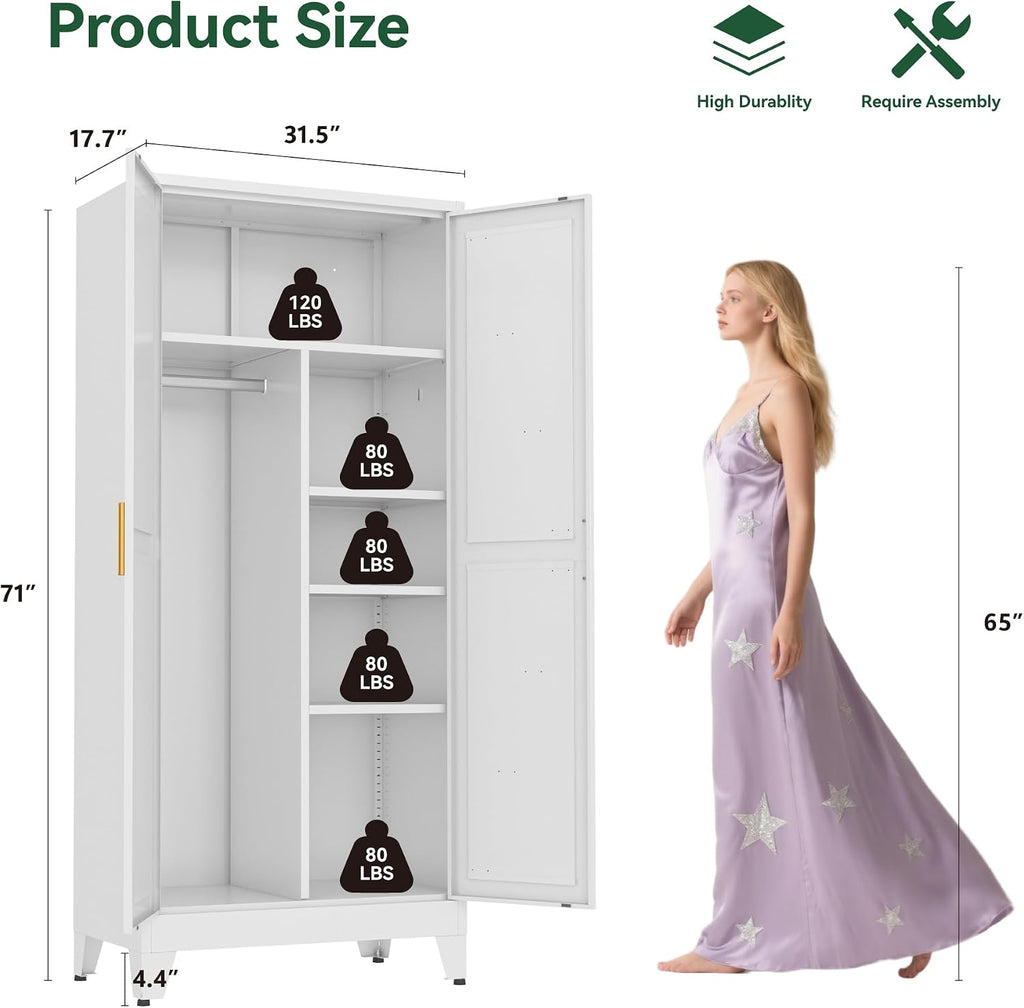 Metal Combination Cabinet, Tall Closet Storage Cabinet with 4 Shelves, Farmhouse Wardrobe Closet with Doors and Hanging Rod for Laundry Mudroom Office Bedroom
