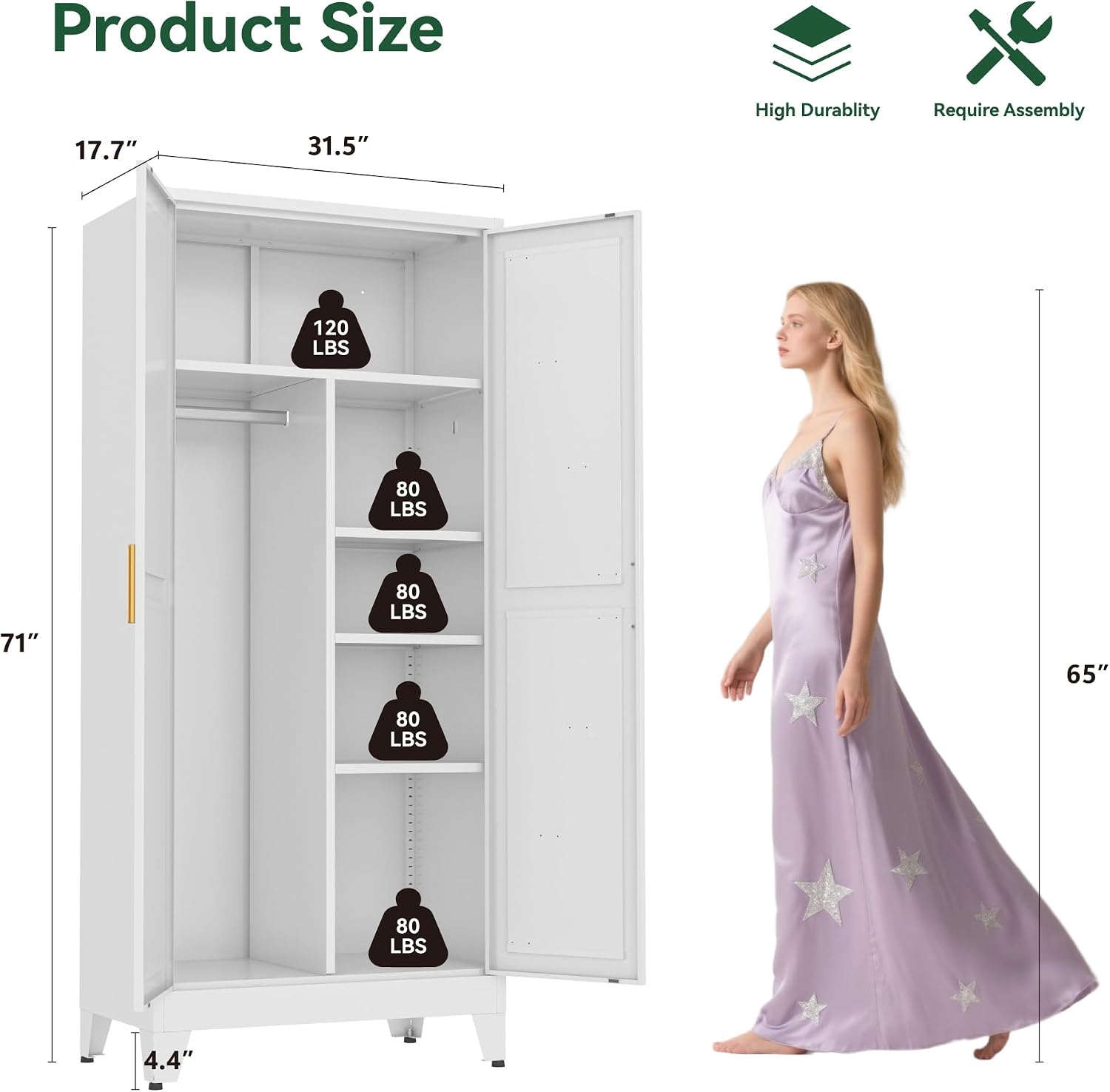 Metal Combination Cabinet, Tall Closet Storage Cabinet with 4 Shelves, Farmhouse Wardrobe Closet with Doors and Hanging Rod for Laundry Mudroom Office Bedroom