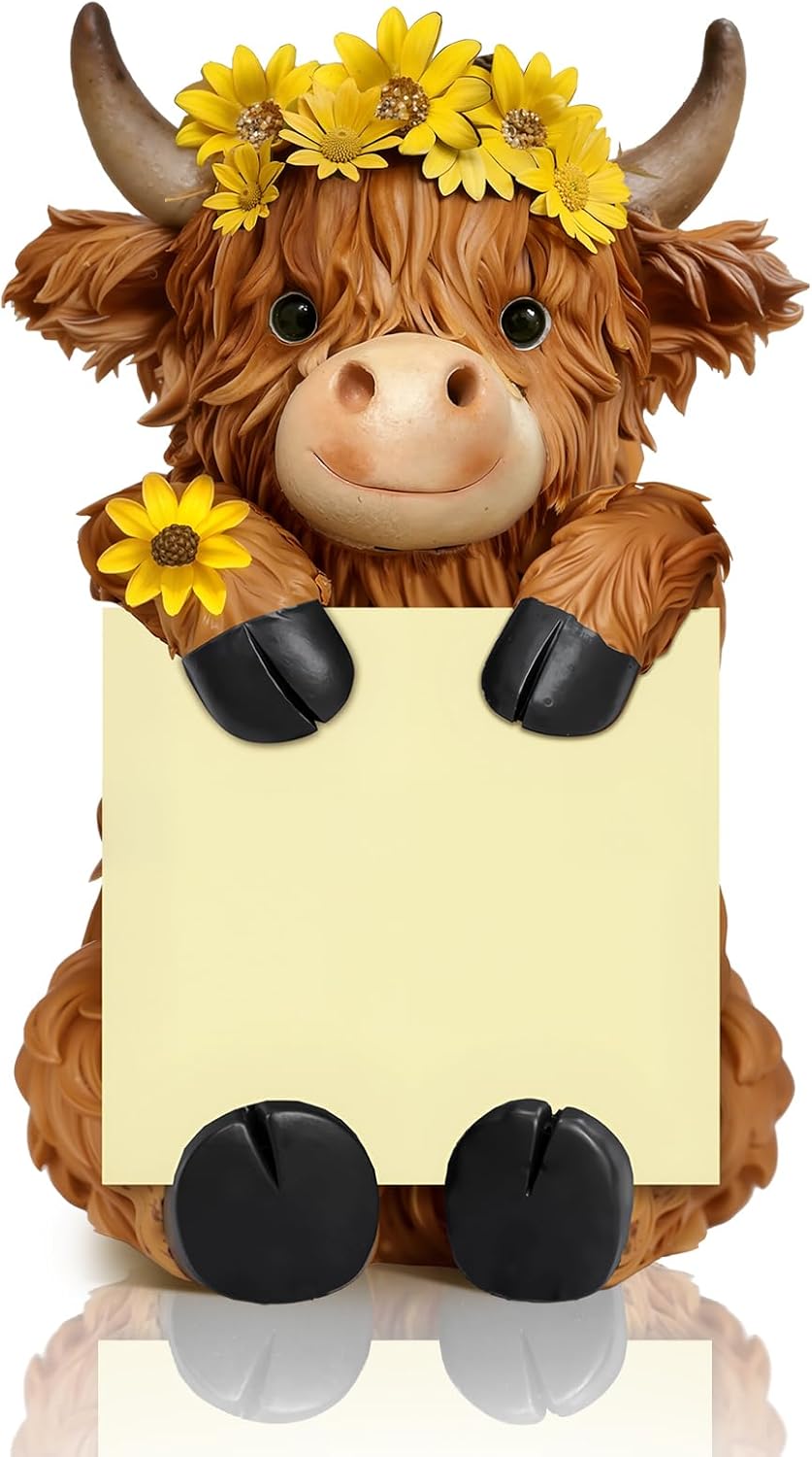 Thenshop Sunflower Highland Cow Pop up Sticky Note Dispenser Resin Highland Cow Note Holder with 100 Sheets 3 x 3 Inch Sticky Notes Desk Accessory for Office Home(Brown,Classic)