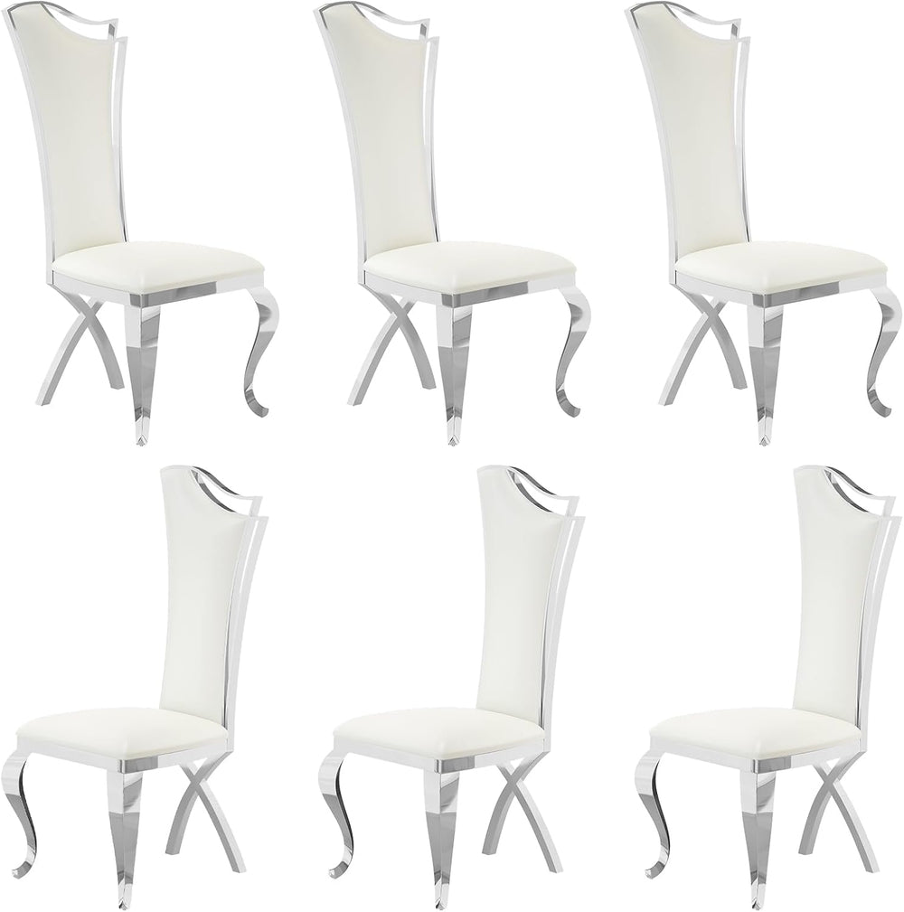 Asday Dining Chairs Set of 6, White Faux Leather and Silver Streamlined High ...