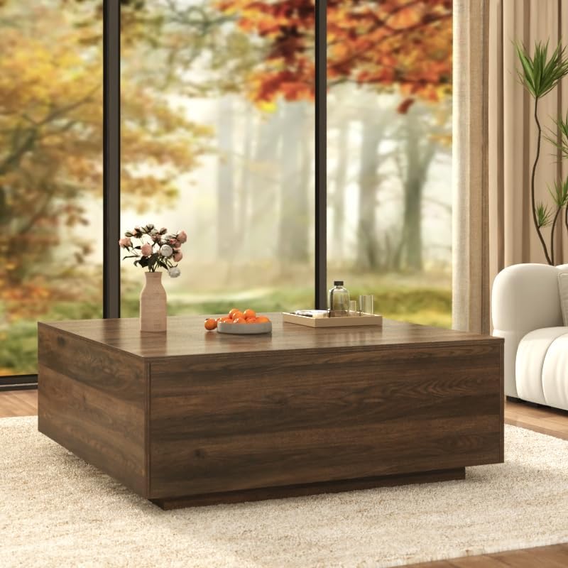 43 Inch Large Square Coffee Table with Storage,Wooden Coffee Table((Walnut)