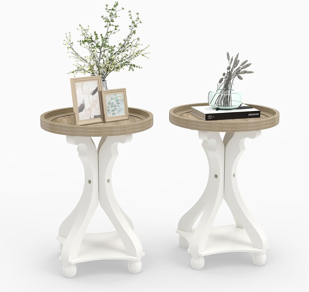 2 PCS Accent Farmhouse End Table, Round Side Table, Tray Top, White