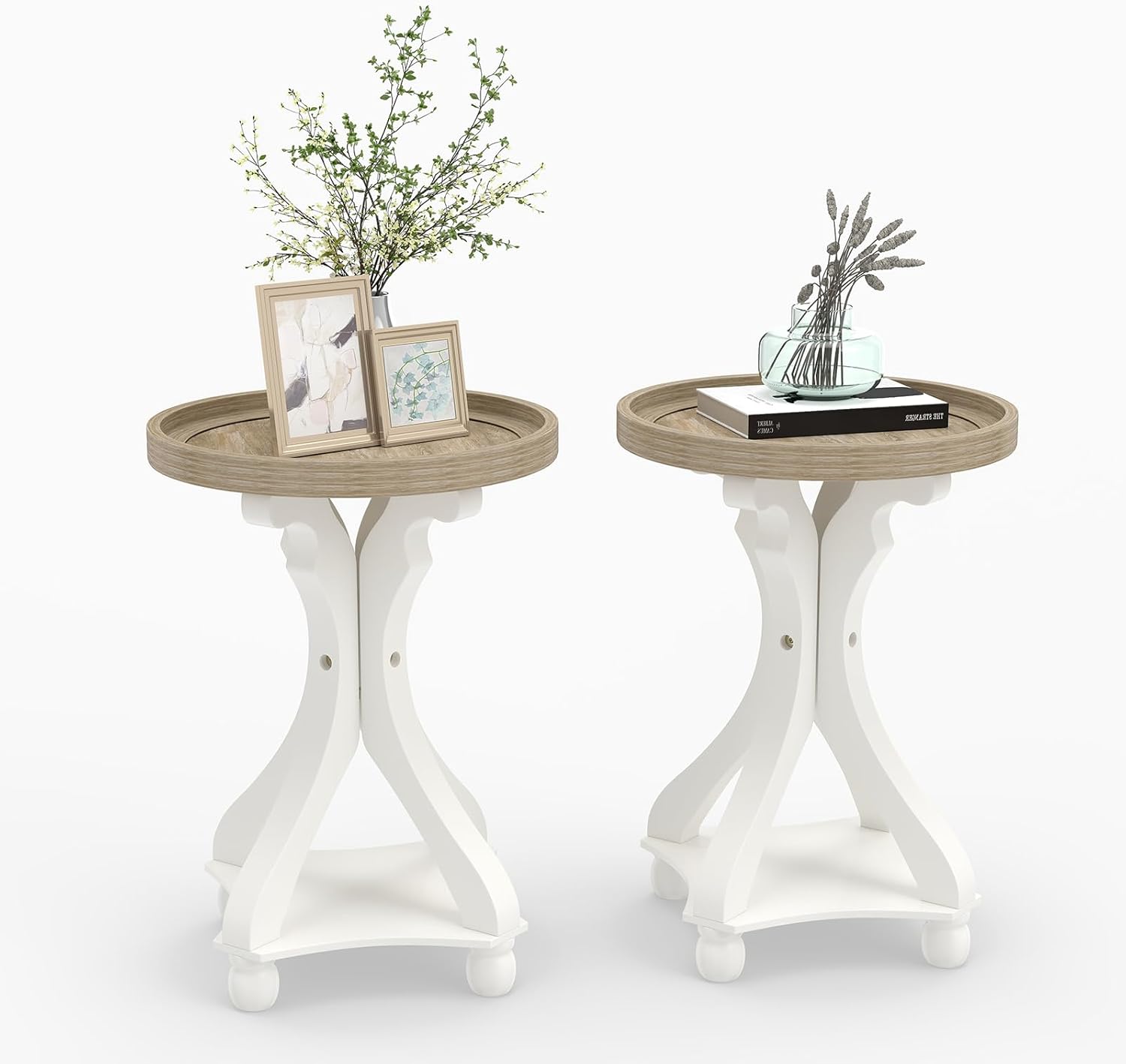 2 PCS Accent Farmhouse End Table, Round Side Table, Tray Top, White