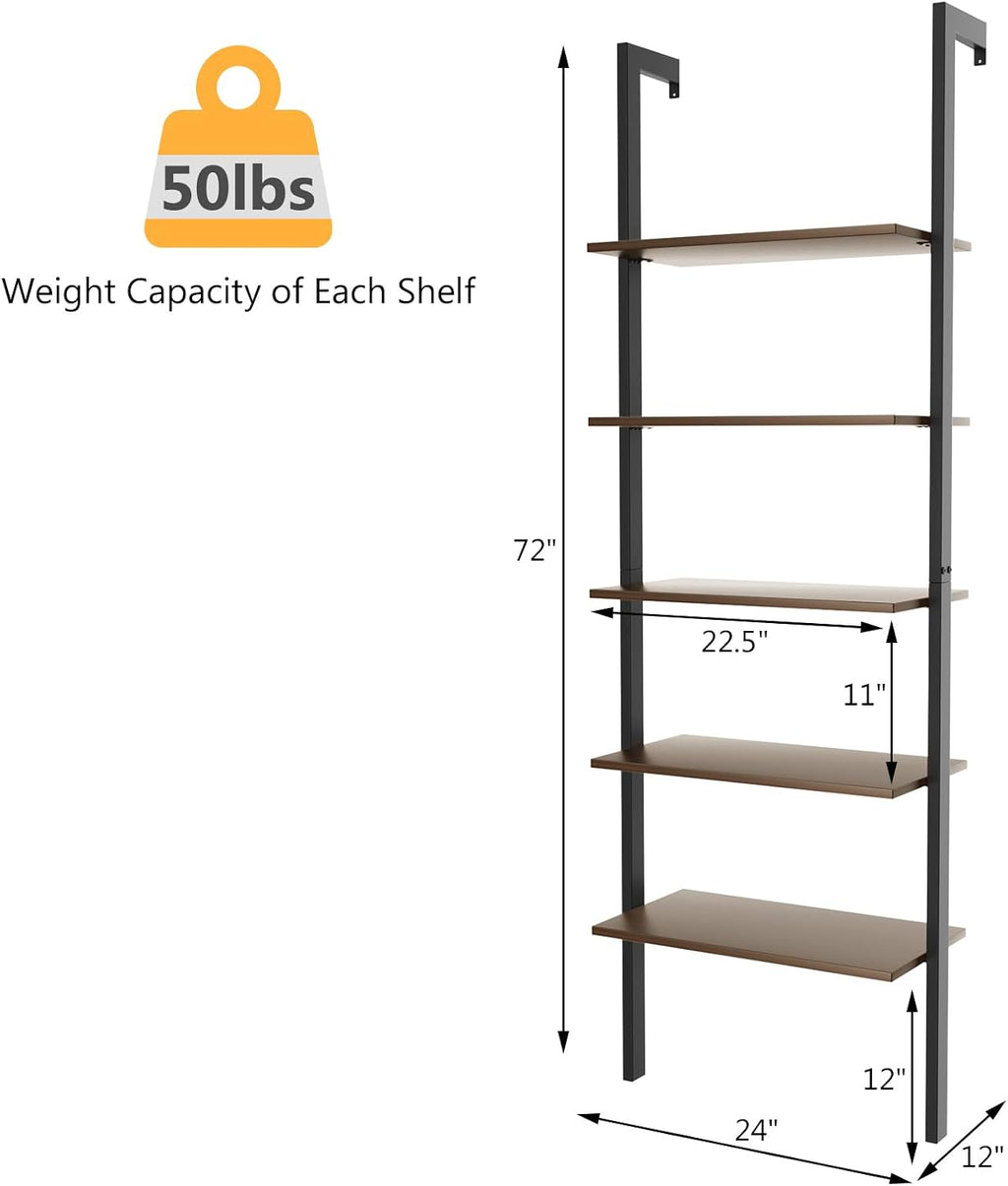Tangkula Industrial Ladder Shelf Against The Wall, 5-Tier Wall Mount Ladder Bookshelf with Metal Frame, 72 Inch Open Bookcase Plant Flower Stand Display Storage Rack for Home Office (Rustic Brown)
