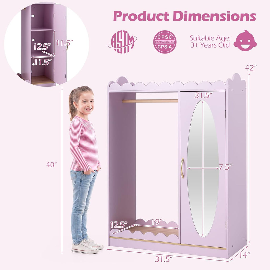 Costzon Kids Dress Up Storage with Mirror, Toddler Wardrobe Closet with Open Hanging Clothing Rack, Cabinet & Shelves, Kids Armoire & Costume Organizer for Bedroom, Kids Room, Playroom (Pink)