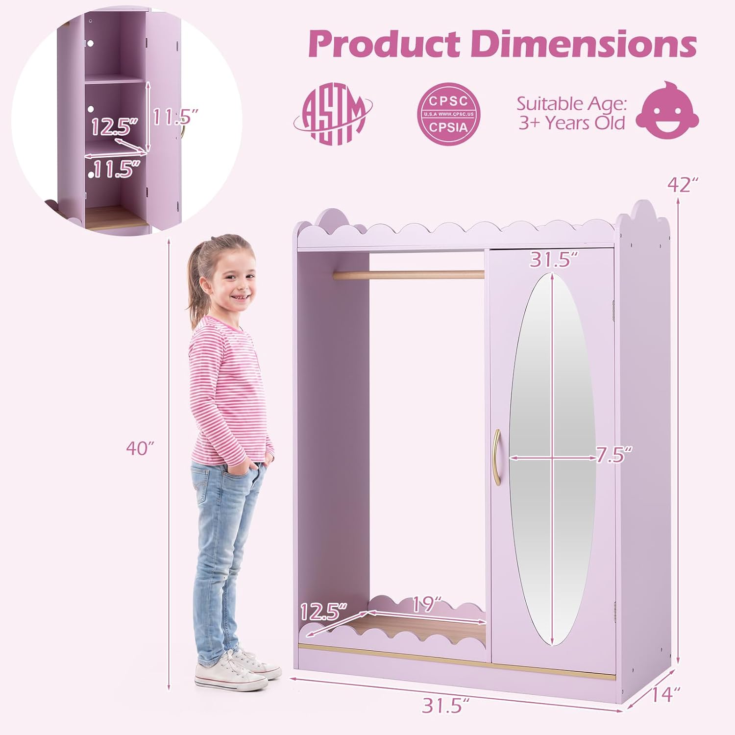 Costzon Kids Dress Up Storage with Mirror, Toddler Wardrobe Closet with Open Hanging Clothing Rack, Cabinet & Shelves, Kids Armoire & Costume Organizer for Bedroom, Kids Room, Playroom (Pink)