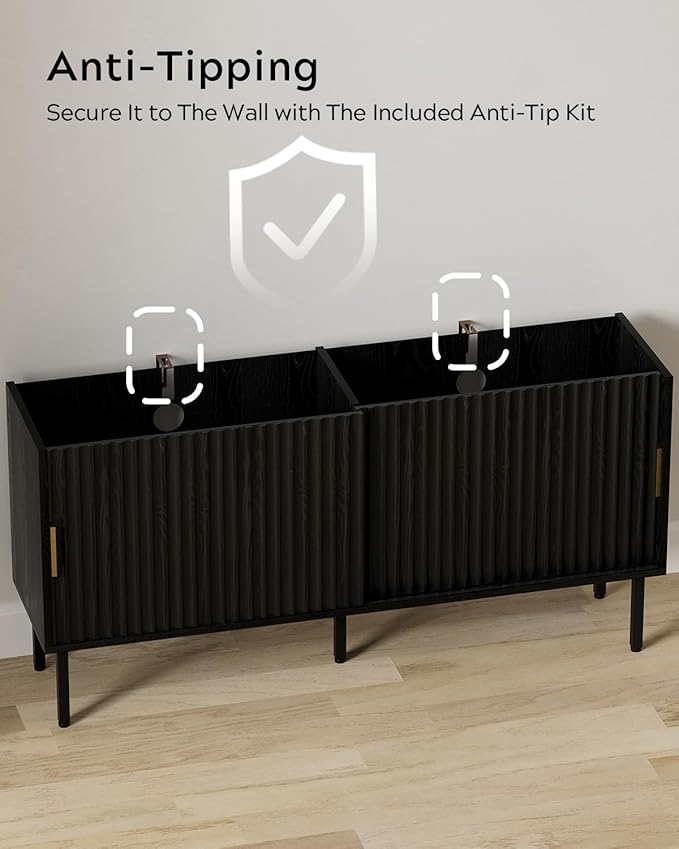 TV Stand for Living Room Farmhouse Entertainment Center with Fluted Sliding Doors TV Console Cabinet with Adjustable Shelf and Storage Media Console, Black