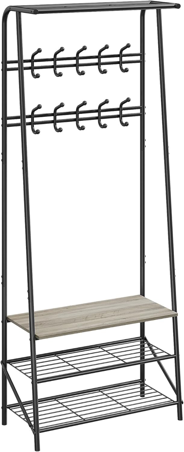IDEALHOUSE Coat Rack Shoe Bench with 10 Hooks, Hall Trees Entryway Bench with Storage, Multifunctional Hallway Organizer, Wood Look Accent Furniture (Grey, 10 hooks-25.2 in)
