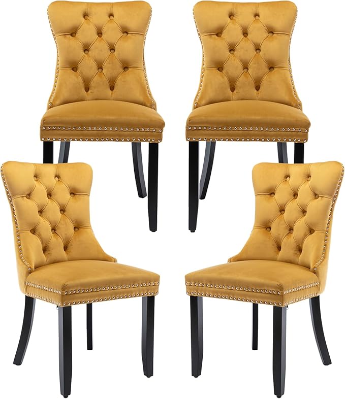 Velvet Dining Chairs Set of 4, Tufted Upholstered Dining Room Chairs with Back Ring Pull, Nailhead Trim and Solid Wood Legs, Modern Dining Chairs for Dining Room, Kitchen(Gold)