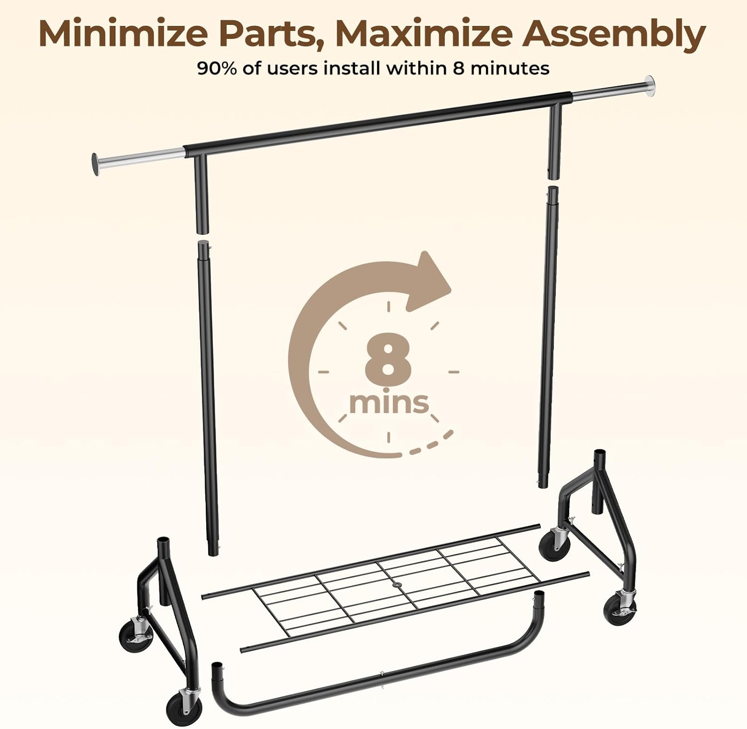 Heavy-Duty 450LBS Capacity Metal Clothes Rack，Rolling Clothing Rack with Wheels & Shelves, Portable Standing Wardrobe Rack for Hanging Clothes, Black