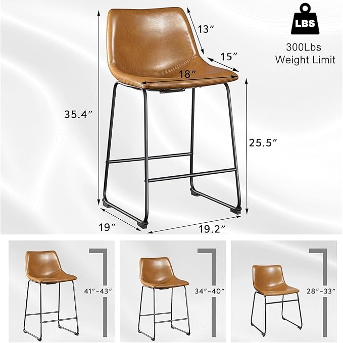 LEMBERI 26 inch Bar Stools Set of 4, Modern Counter Height Bar Stools Faux Leather Barstool with Back and Metal Leg, Armless Bar Chairs for Kitchen Island (Whisky, 4pcs 26")