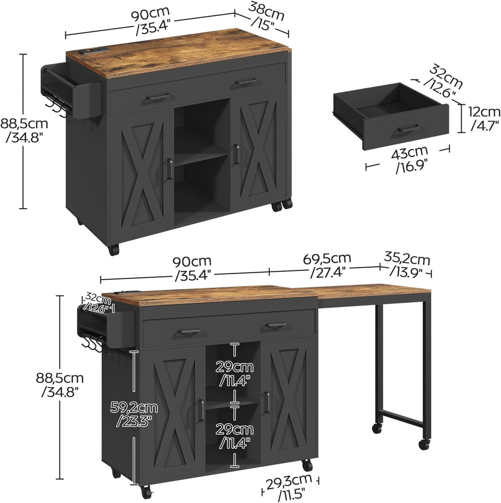YATINEY Extendable Kitchen Island, Large Mobile Kitchen Storage Island, Rolling Kitchen Cart with Outlets, Island Table for Kitchen, Rustic Brown ZD03UBR