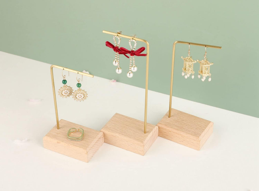GemeShou 3pcs Beech wooden dangle earring stand holder, hoop earring displays for selling jewelry, mini brass earring hanger【Walnut Stand set-3pcs】