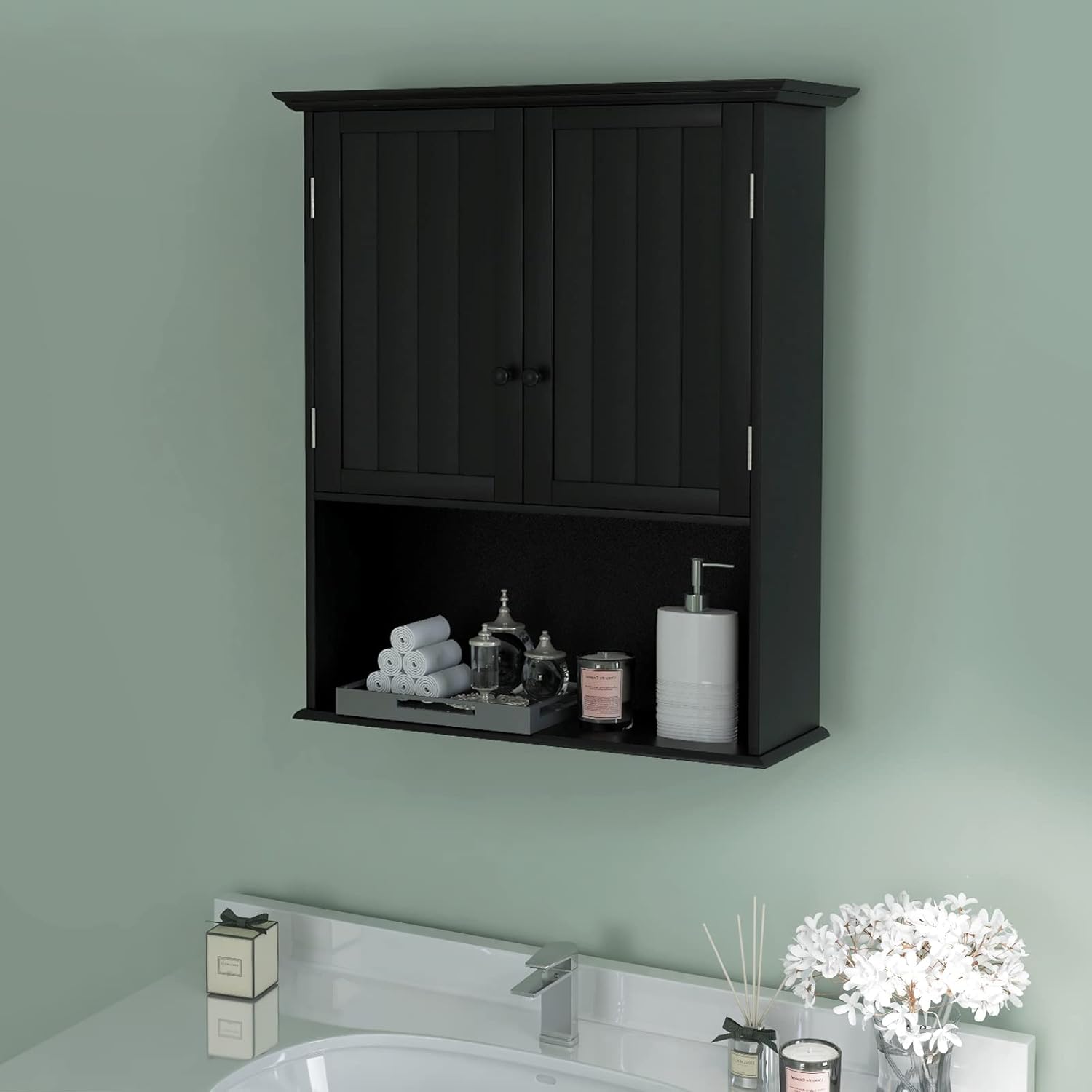 Tangkula Wall Mount Bathroom Cabinet Wooden Medicine Cabinet Storage Organizer with 2-Doors and 1-Shelf Cottage Collection Wall Cabinet (Black)