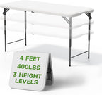Folding Table 4 Foot - 3-Position Adjustable Height, Heavy Duty 400 lbs Capacity - Portable Tables Folding for Camping, Party, Indoor & Outdoor Use, 1 Pack