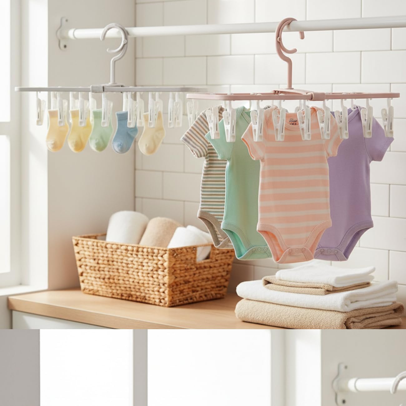 Foshine Clothes Drying Racks 2 Pack Small Folding Portable Underwear Hangers with 12 Clips 360° Rotatable Hook for Socks Drying Towels Bras Baby Clothes Gloves Plast 3 pcs Traceless Hook.