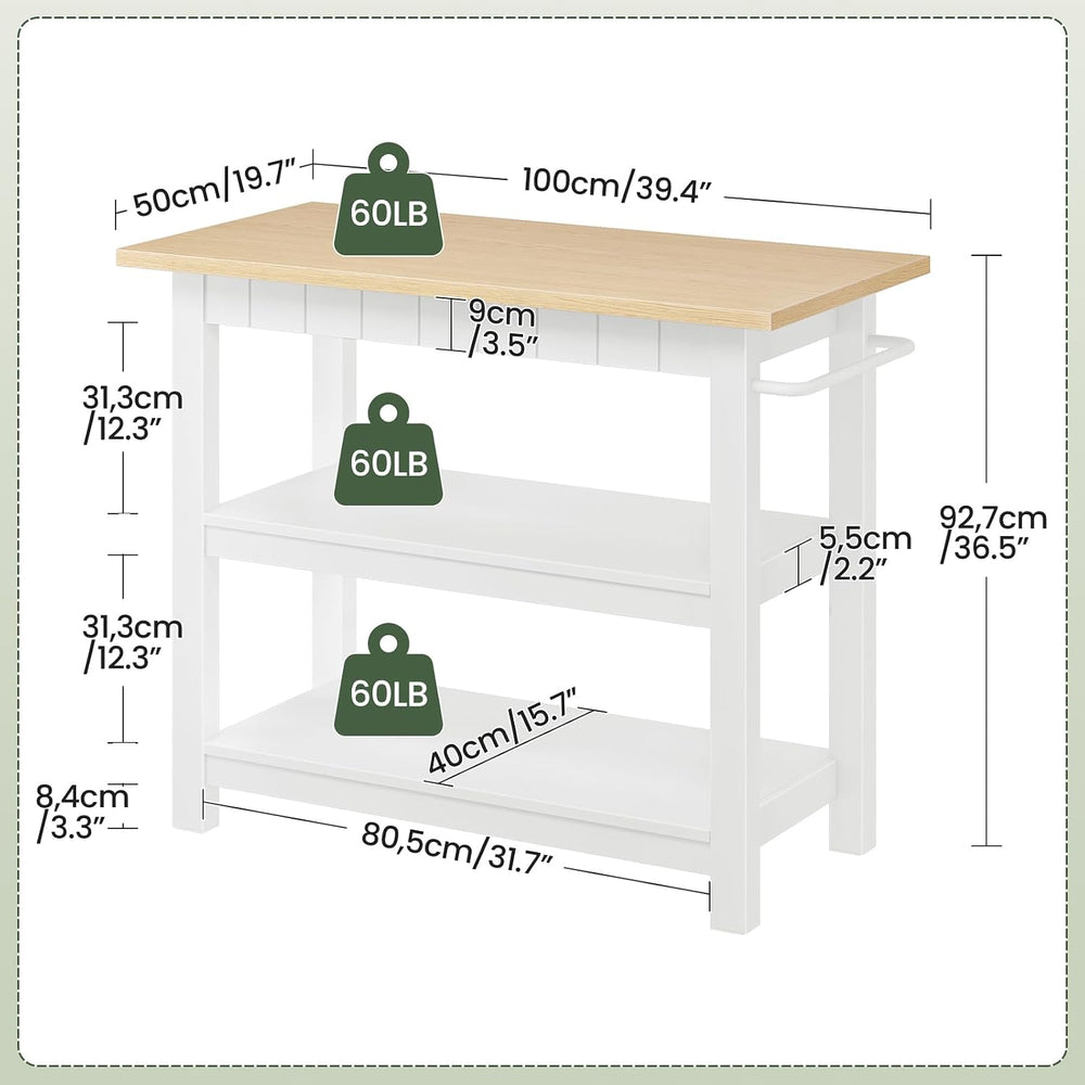 CHOEZON Kitchen Island with 3-Tier Storage and Hooks, White and Natural | 39....