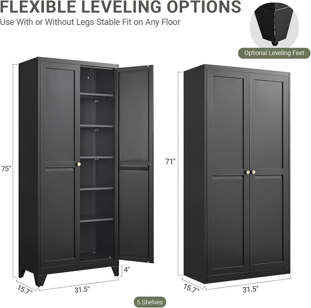 75" Metal Kitchen Storage Cabinet with Doors, Freestanding Steel Pantry ...