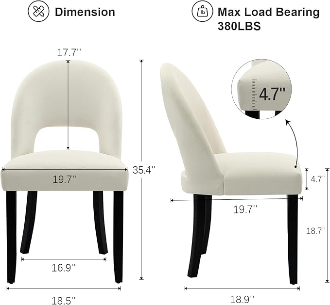 Upholstered Dining Chairs Set of 2, Modern Farmhouse Wooden Kitchen Chairs with Solid Wood Legs & Linen Fabric Backrest, Cream White