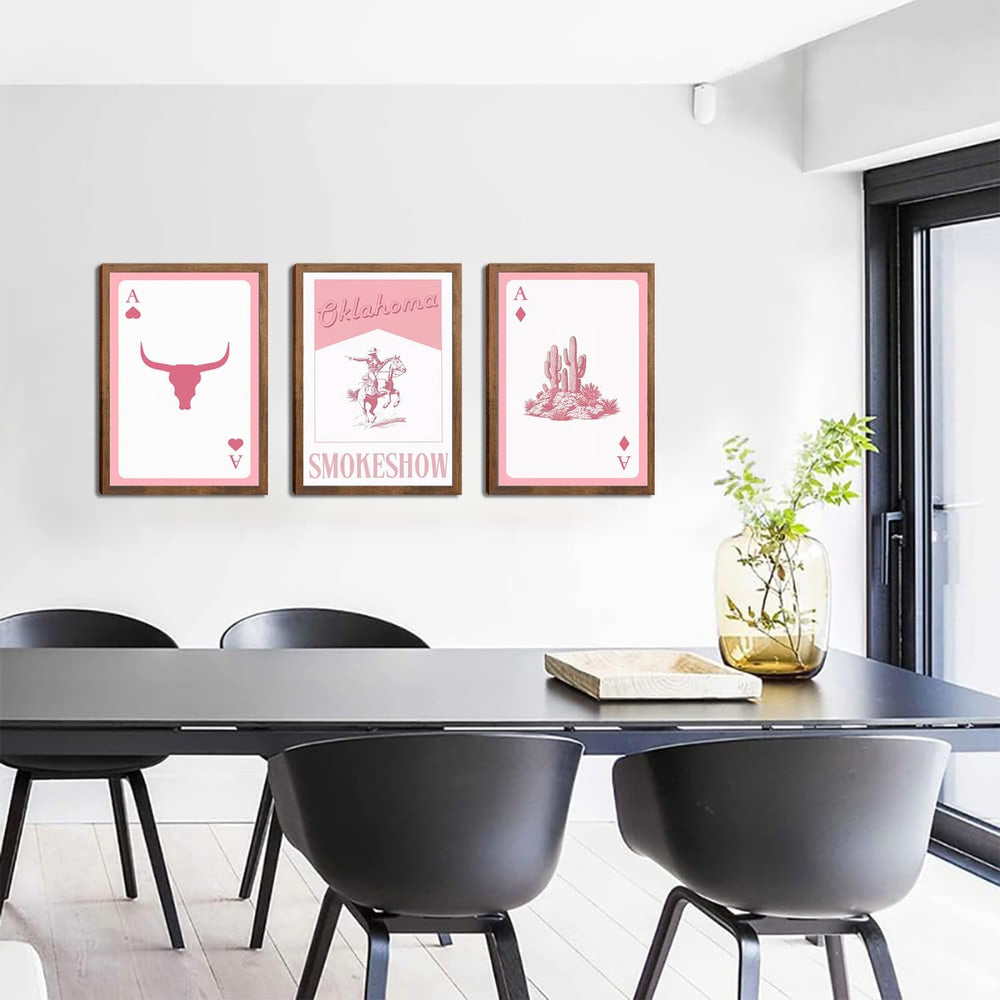 AINGMMG Pink Western Wall Art Set of 3,Framed Cowgirl Card Prints 16x24inch