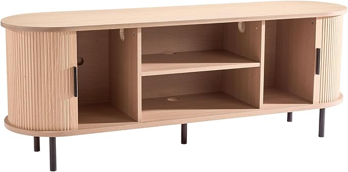 VEVOR Fluted TV Stand for TVs up to 65 inch, Mid-Century Modern Entertainment Center, Media Console with Storage Cabinet and Sliding Tambour Door, Boho Television Stand for Living Room, Bedroom, Oak