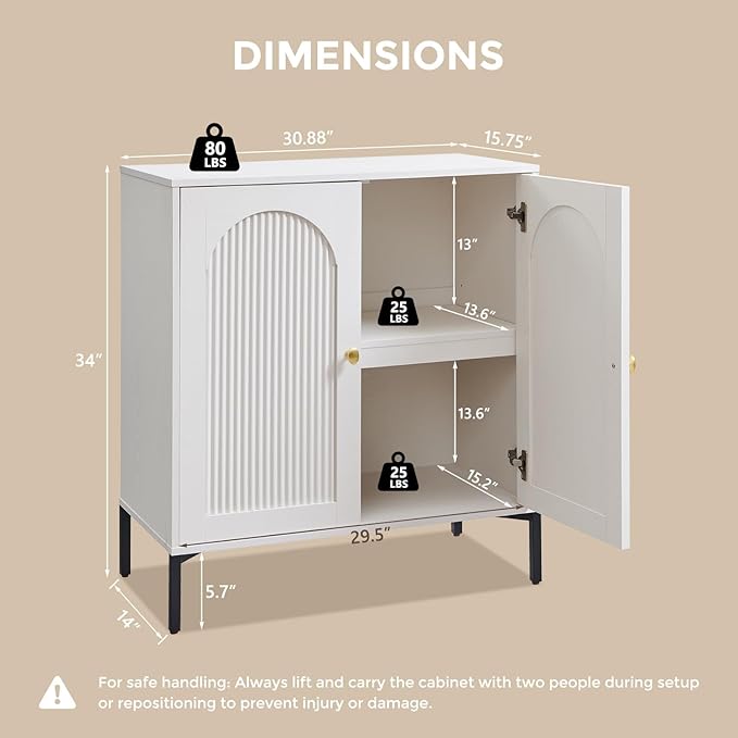 Modern TV Stands for 65 Inch TVs, 34" Tall Wood Entertainment Center w/Adjustable Shelves, Mid Century Modern TV Stand w/Arched Fluted Doors, Media Console Cabinet for Living Room, White
