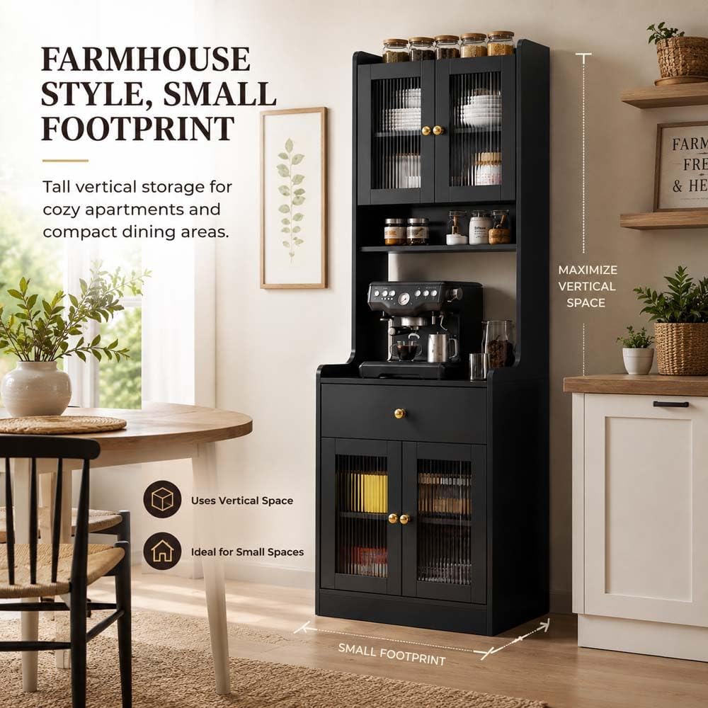 71" Kitchen Pantry Hutch Storage Cabinet with Microwave Stand, Farmhouse...