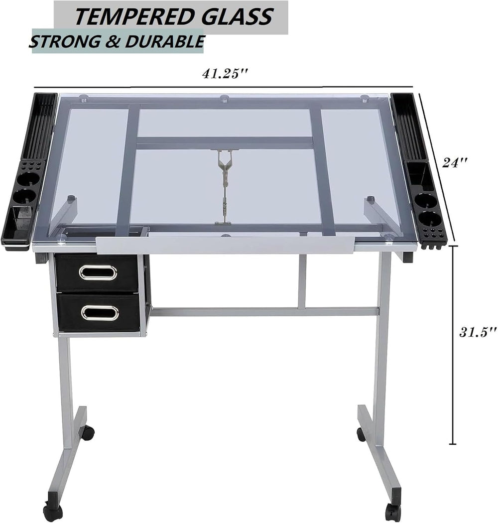 ZENY Glass Drafting Table for Artists | Mobile Rolling Drawing Desk with Adju...