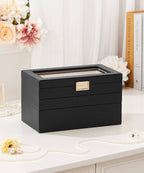 Homde Jewelry Tray Stackable Jewelry Box with Glass Lid, Removable Dividers for Vanity Table - Christmas Gift Idea for Girls and Women (Black)