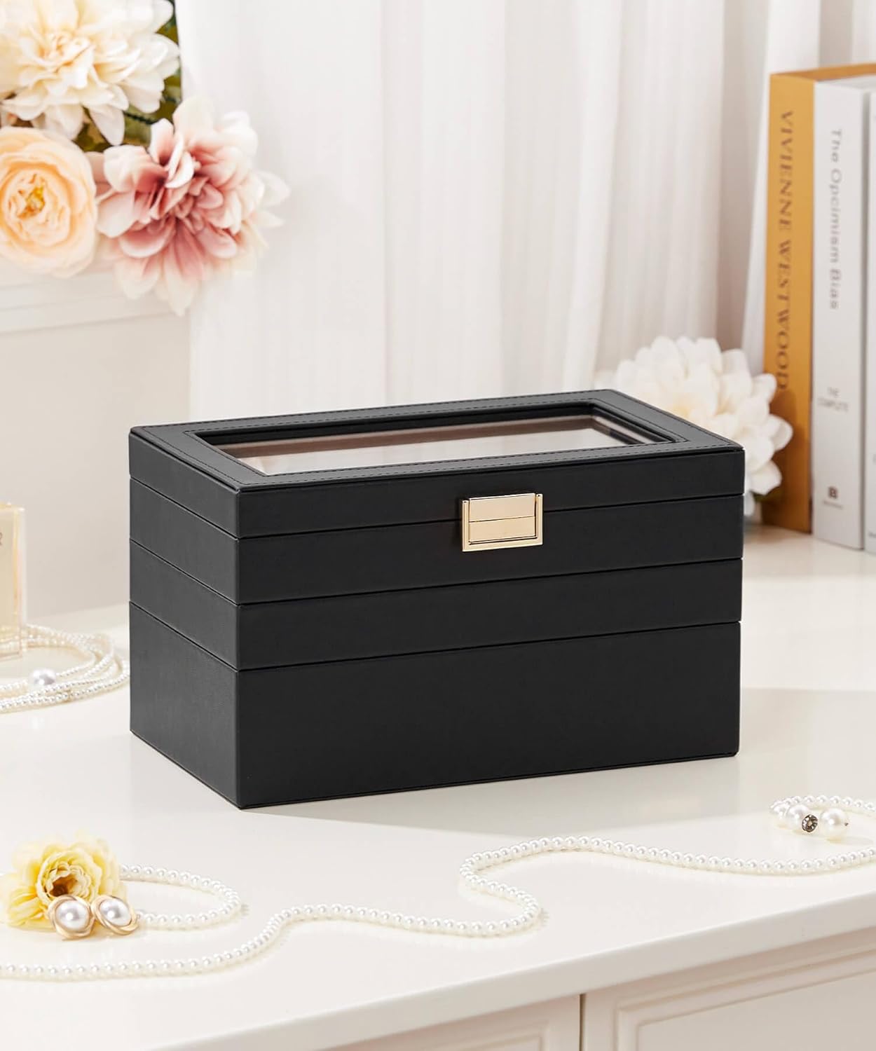 Homde Jewelry Tray Stackable Jewelry Box with Glass Lid, Removable Dividers for Vanity Table - Christmas Gift Idea for Girls and Women (Black)