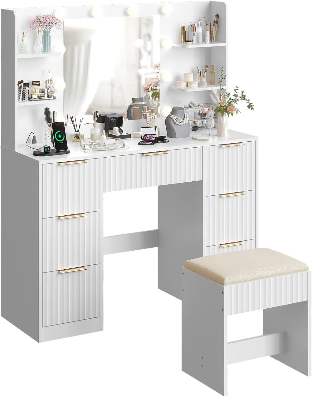 Karl home Fluted Vanity Desk with Mirror and Lights in 3 Modes and Charging S...