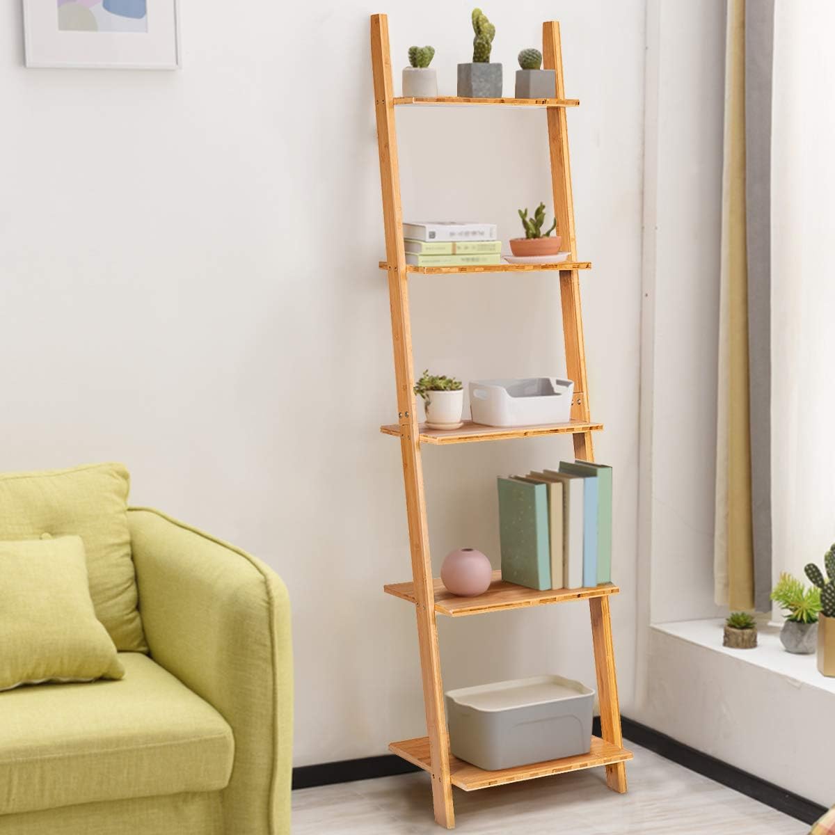 Tangkula Bamboo 5-Tier Ladder Shelf Bookshelf, Wall-Leaning Bookshelf, Plant Flower Stand, Storage Display Shelves for Living Room Bathroom Office, Multifunctional Ladder Bookcase (Natural)