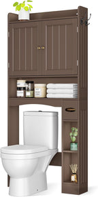 Ahomly Over The Toilet Storage Cabinet, 32.3" W Over Toilet Bathroom Organizer with Doors, Adjustable Shelves, Toilet Paper Holder, 2 Side Hooks, Space-Saver for Bathroom, Laundry, Espresso