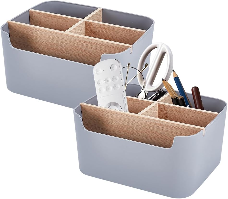 2 Pack Gray Desk Storage Organizer, Desk Organizers and Remote Control Caddy Holder Desktop Pen Pencil Holder Container Box for Bedside Nightstand Desktop Coffee Table Office Supplies