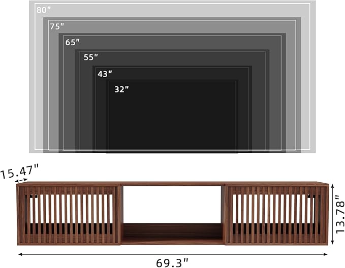 HOMMPA Floating TV Stand Wall Mounted for TVs 55'' to 80'', Floating Entertainment Center with Slatted Door Design, Mid Century Wall Mounted TV Stand for Livingroom, Walnut