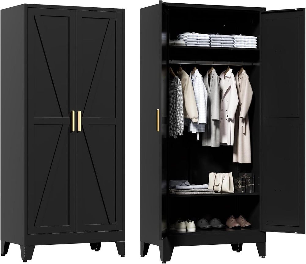 Washsemba 71'' Farmhouse Metal Wardrobe Cabinet with Hanging Rod, 2 B...