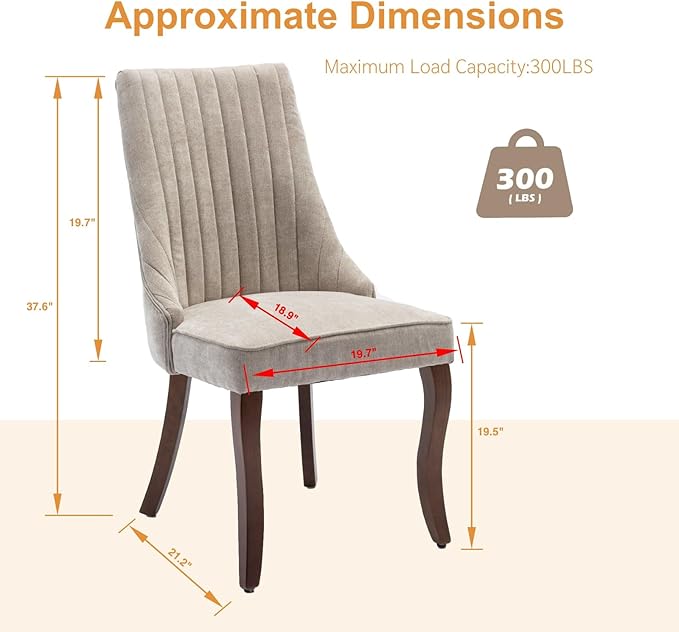 Dining Chairs Set of 2,Comfy Fabric Upholstered Accent Chairs for Kitchen Living Room,Channel Tufted Dining Room Chairs with Curved Solid Wood Legs(Beige)