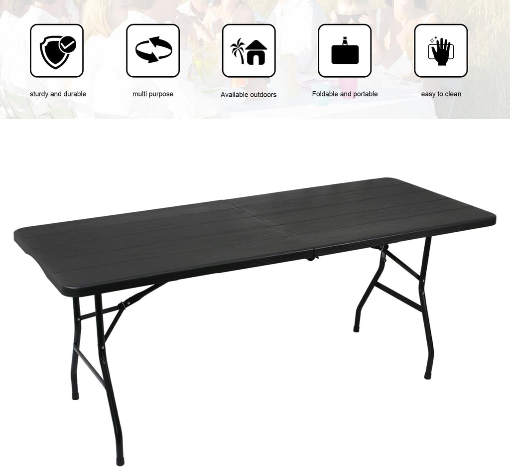 70.8" W X 29" D X 29" H - 6 ft Black Folding Table Heavy Duty Portable, Plastic Folding Utility Folding Table for Camping, Picnics & Parties