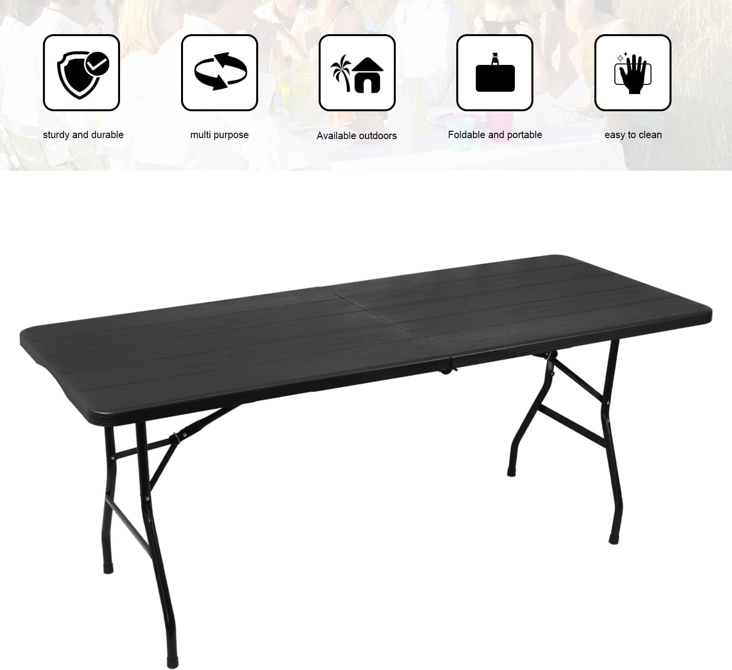 70.8" W X 29" D X 29" H - 6 ft Black Folding Table Heavy Duty Portable, Plastic Folding Utility Folding Table for Camping, Picnics & Parties