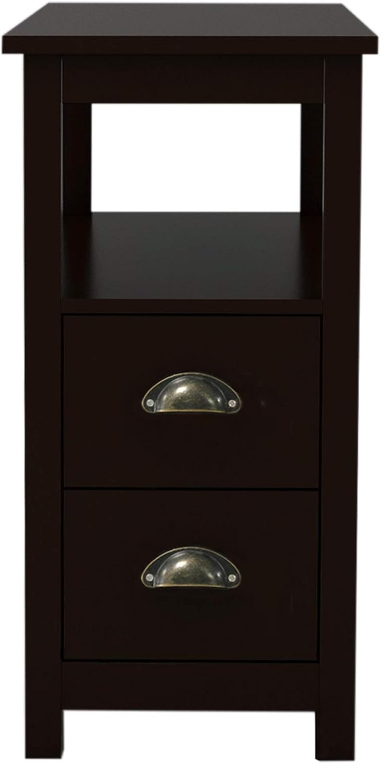 Espresso Narrow Side Table with 2 Drawers & Open Storage Shelf, Wooden Sl...