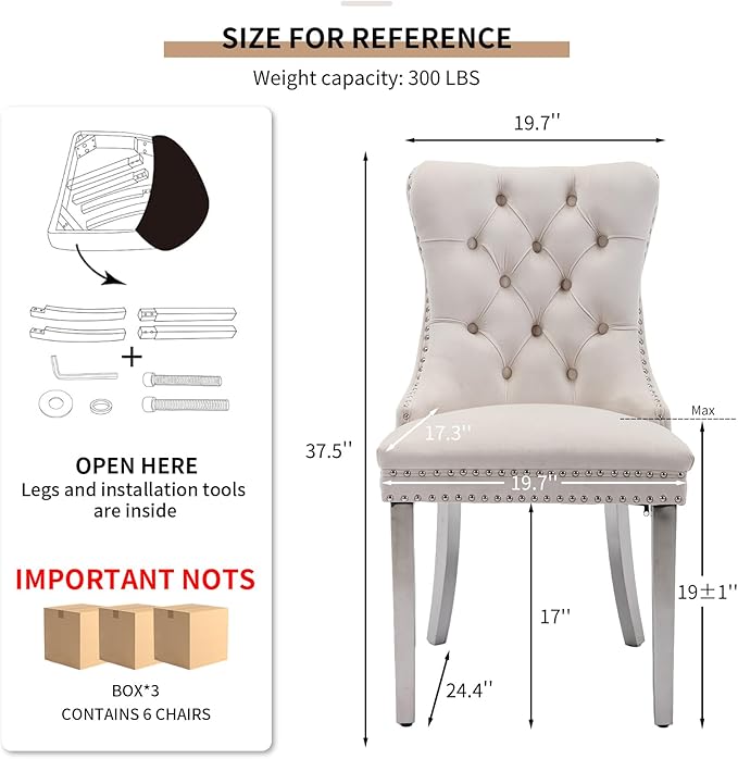 Mid Century Modern Dining Chairs Set of 6, Beige Velvet Upholstered Tufted Back, Kitchen & Dining Room Chairs, Brushed Silver Metal Legs, Nailhead Trim, Sillas para Comedor (Beige, 6 Pcs)
