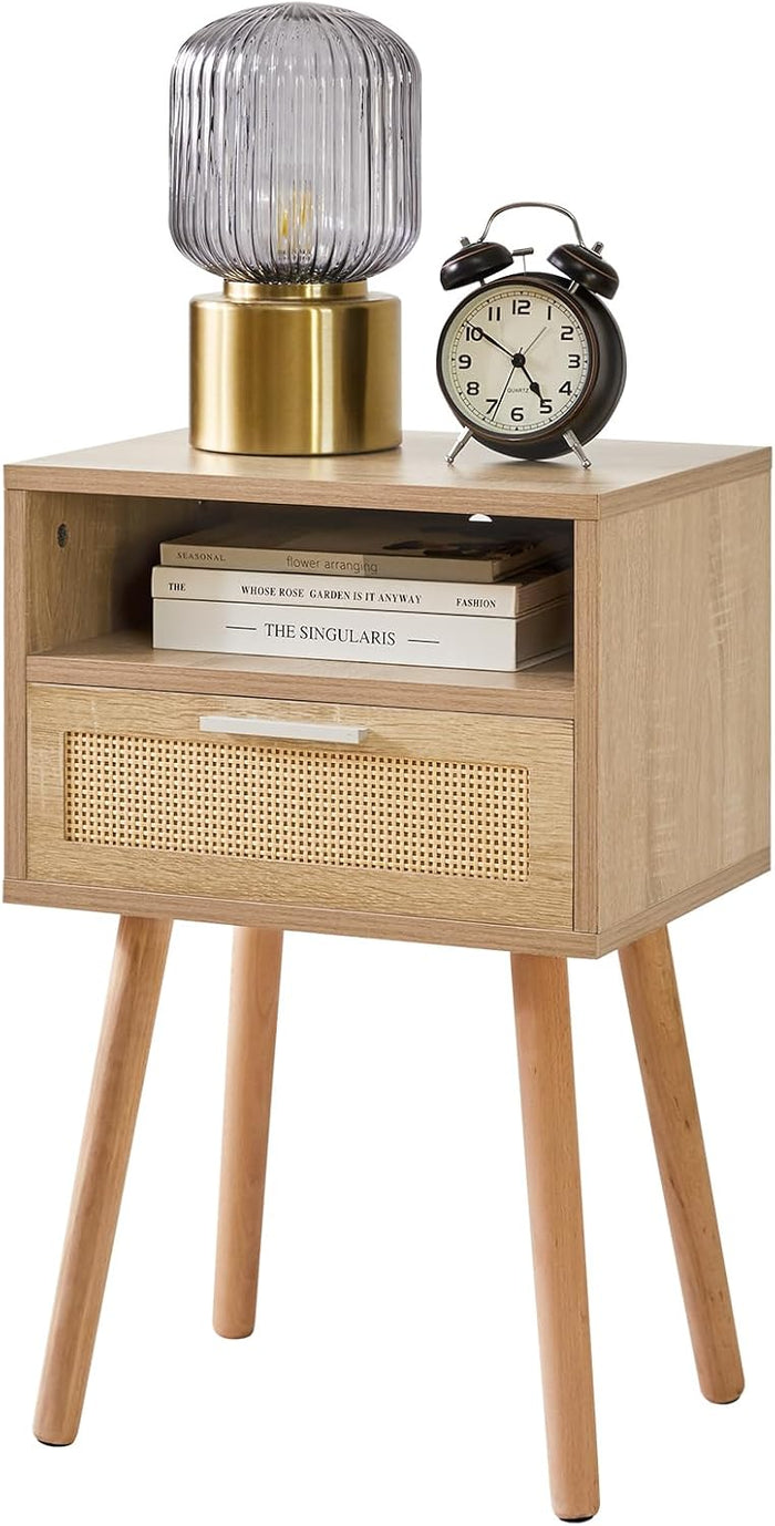 IBUYKE Rattan Nightstand with Drawers,Open Storage Shelf,Natural UWNS009N